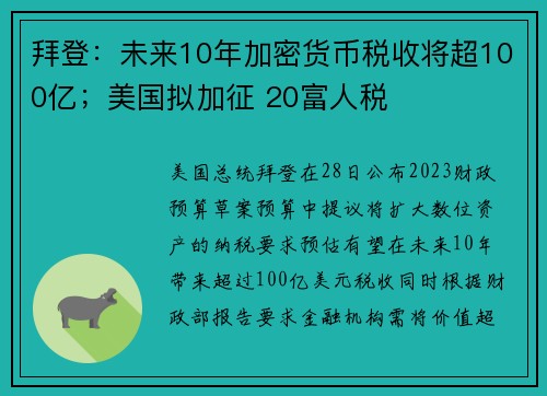 拜登：未来10年加密货币税收将超100亿；美国拟加征 20富人税