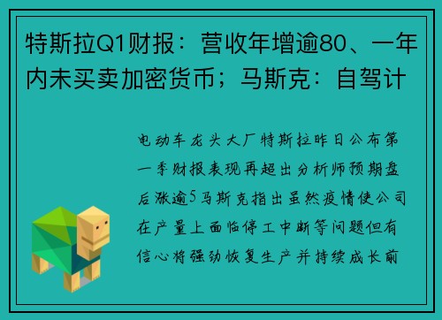 特斯拉Q1财报：营收年增逾80、一年内未买卖加密货币；马斯克：自驾计程车望2024年量产